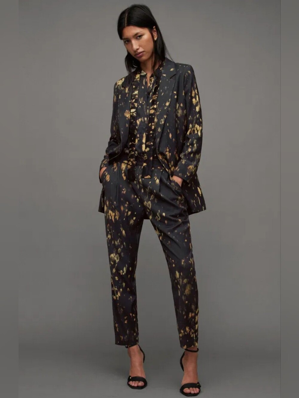 AllSaints Aleida Ronnie Blazer Black Gold Splatter Print Size 10